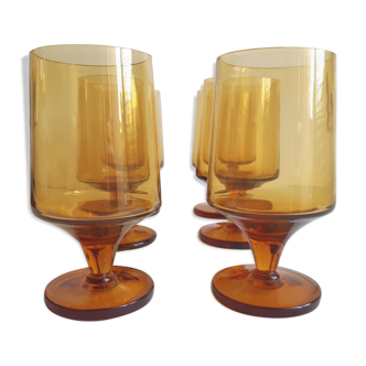 Set of 6 vintage amber foot glasses