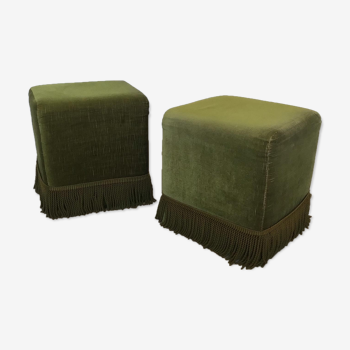 Paire de poufs en velours vert kaki