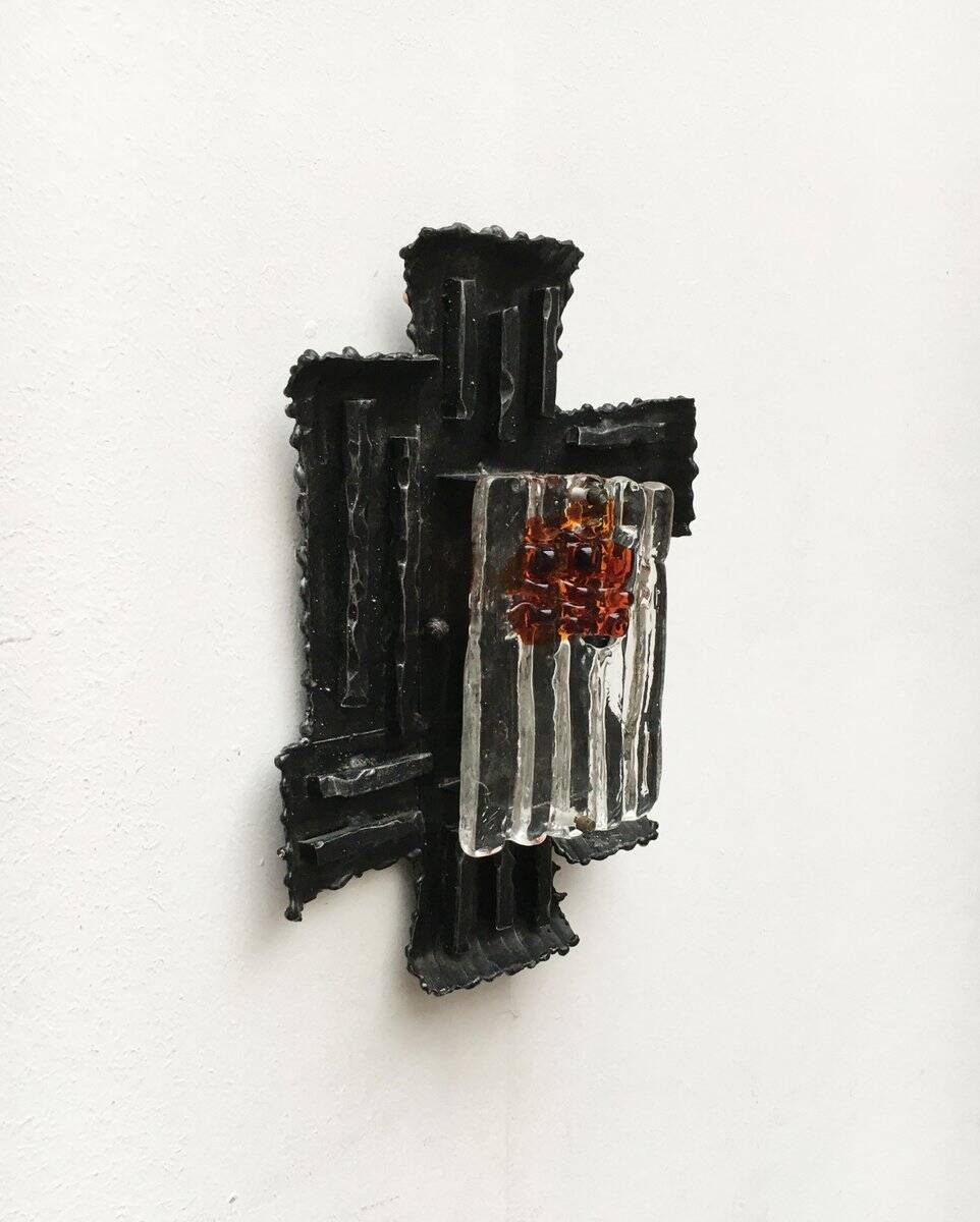 Vintage Italian brutalist wrought iron wall lamp by Albano Poli for Poliarte, set of 4.