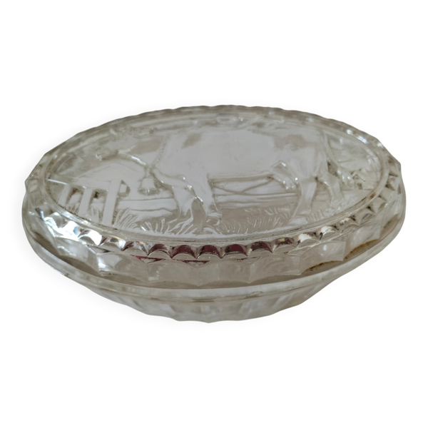 Beurrier vintage en verre pressé décor vache
