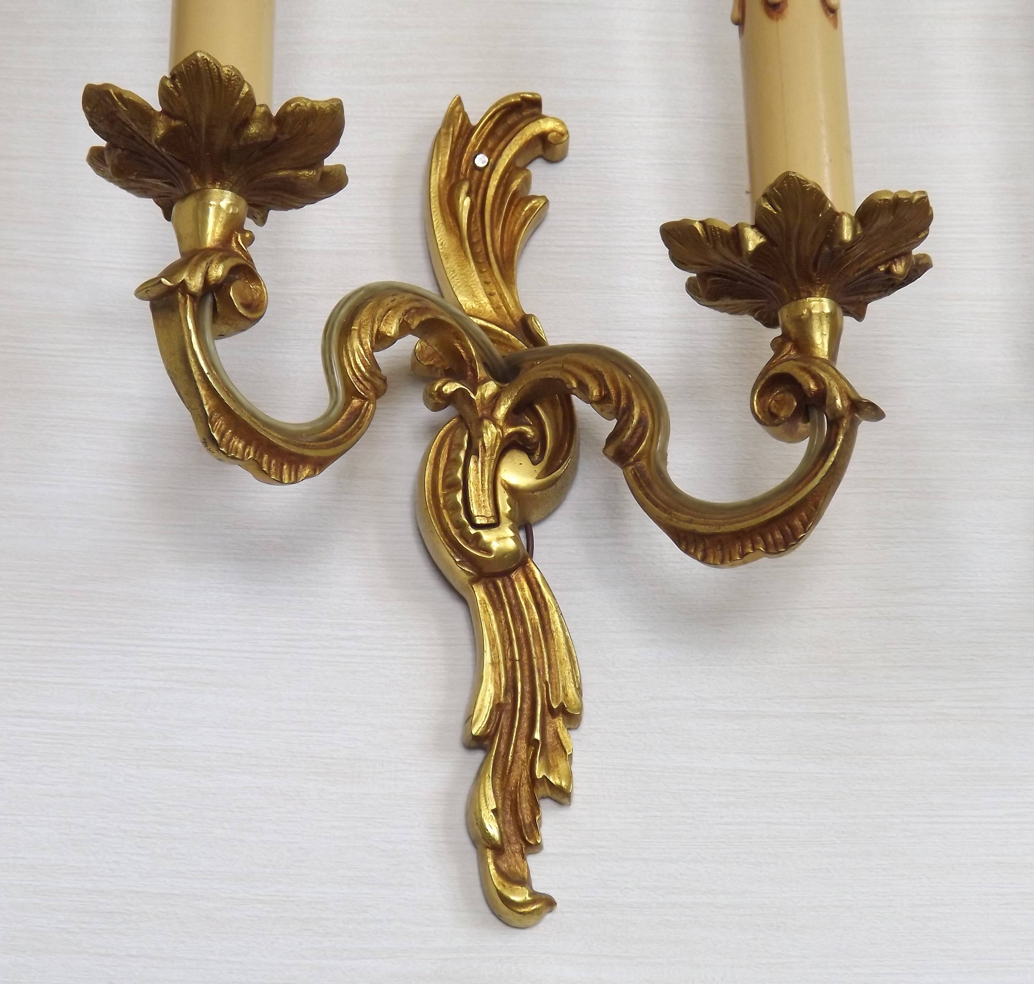 Stylish Vintage French Bronze Double Wall Sconces with Acanthus Leaf Detail
