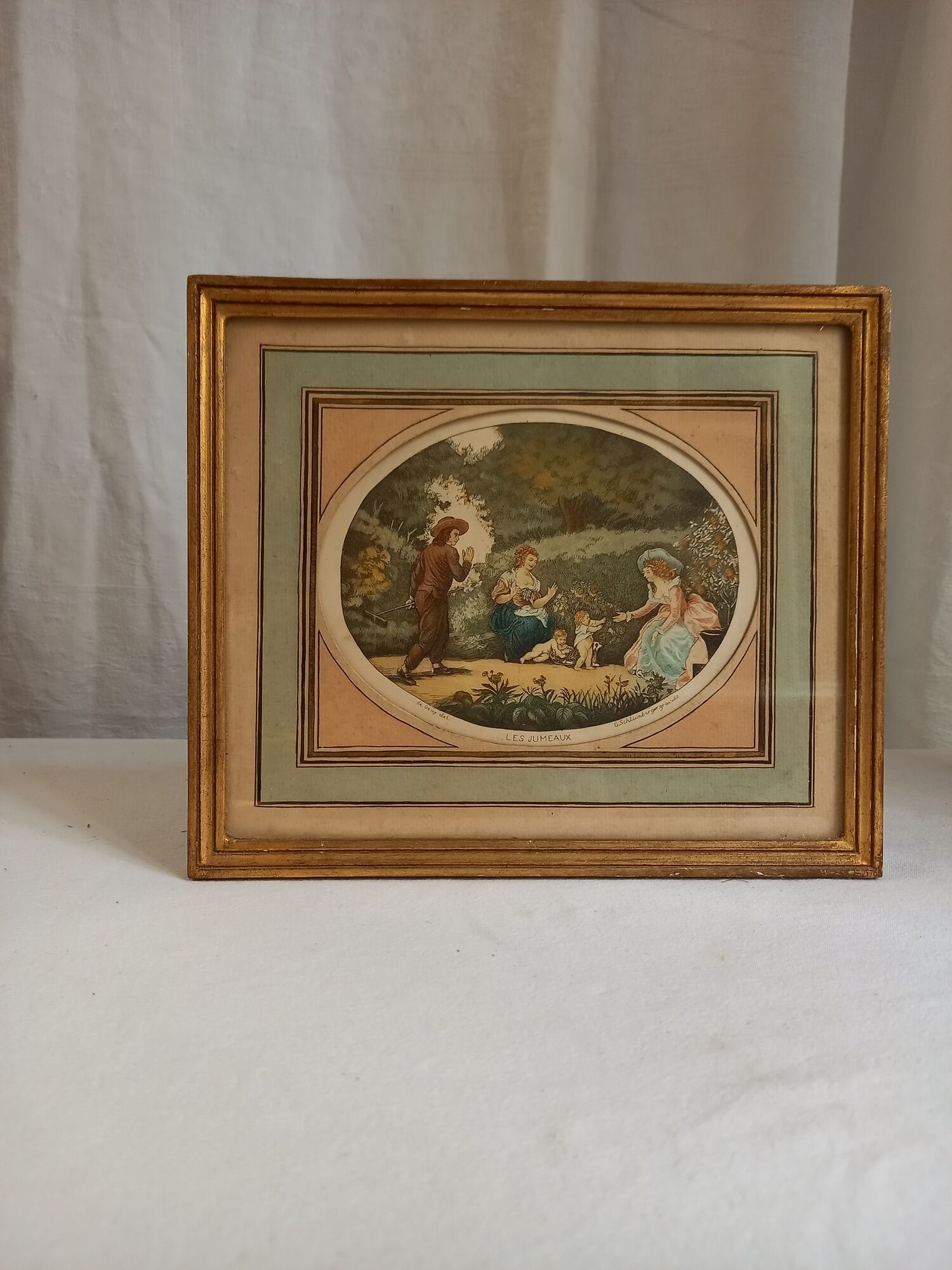 Antique print, country scene, entitled "the twins", engraved by G.Schlumberger (1807-1862)