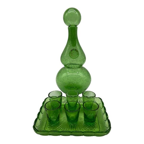 Service à liqueur Biot verre soufflé vert bullé carafe 6 verres plateau