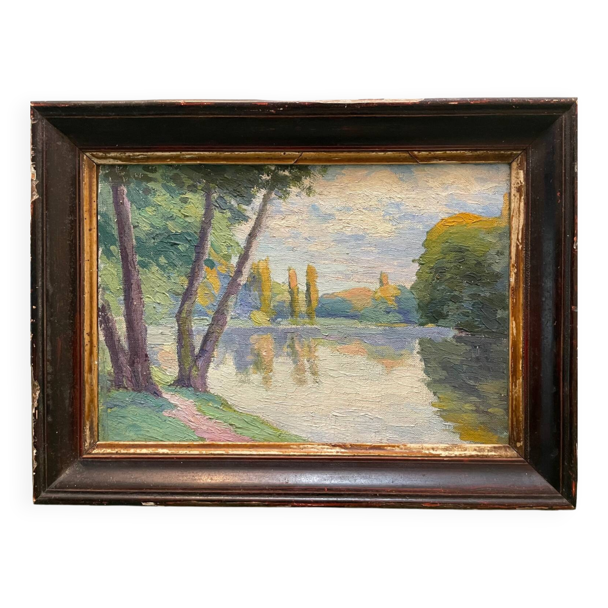 Antique painting, landscape study of reflections on water, 20th century