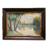 Antique painting, landscape study of reflections on water, 20th century
