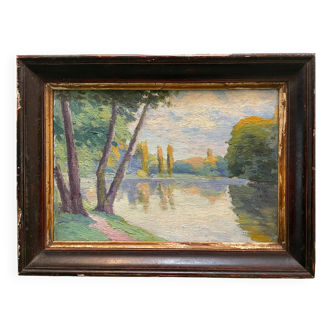 Antique landscape painting, study of reflections on water, 20th century