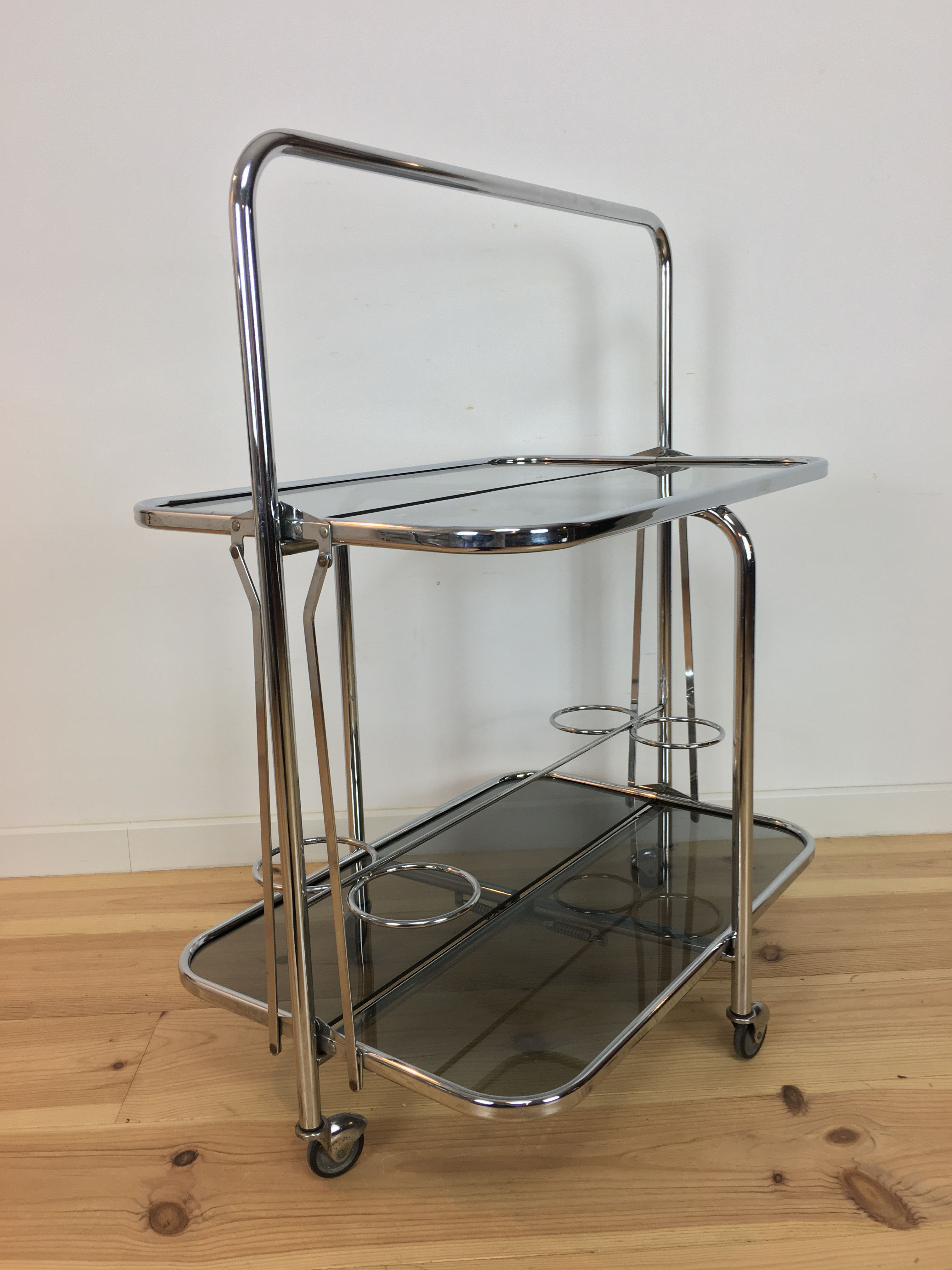 70s chrome folding dessert, smoked glass bar