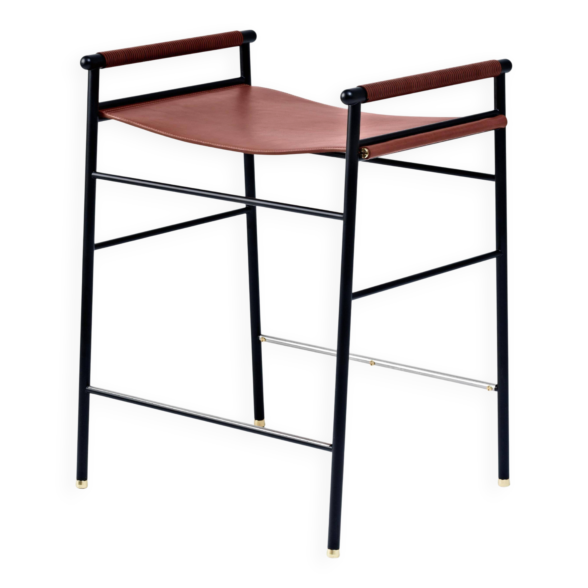 Contemporary Bar Stool Leather Cognac and Black Rubber Metal
