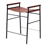 Tabouret de Bar Contemporain Cuir Coñac et Métal Rubbere Noir