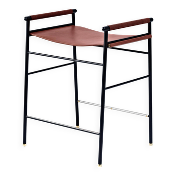 Tabouret de Bar Contemporain Cuir Coñac et Métal Rubbere Noir