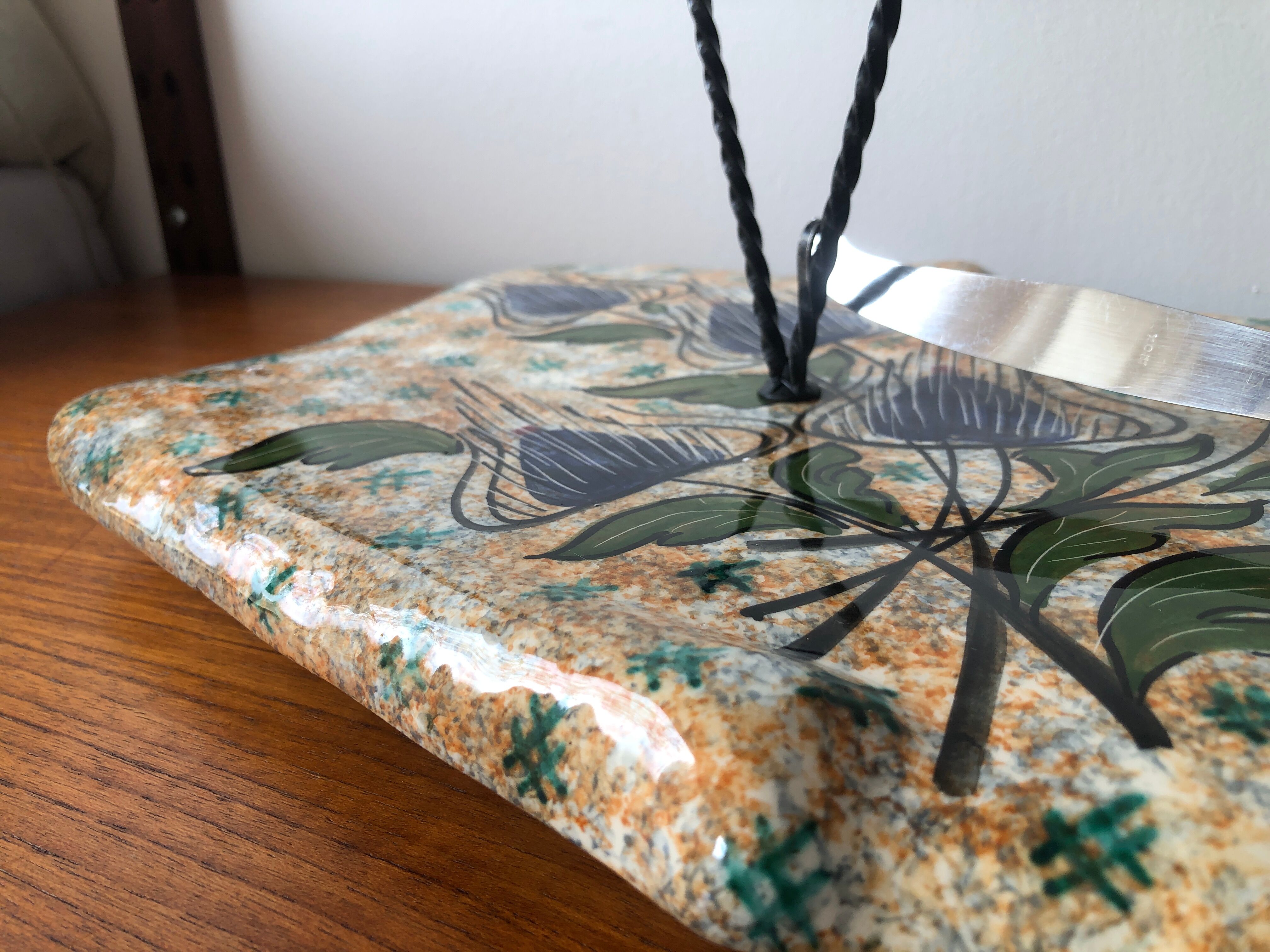 Cheese platter in Vallauris earthenware vintage with its knife