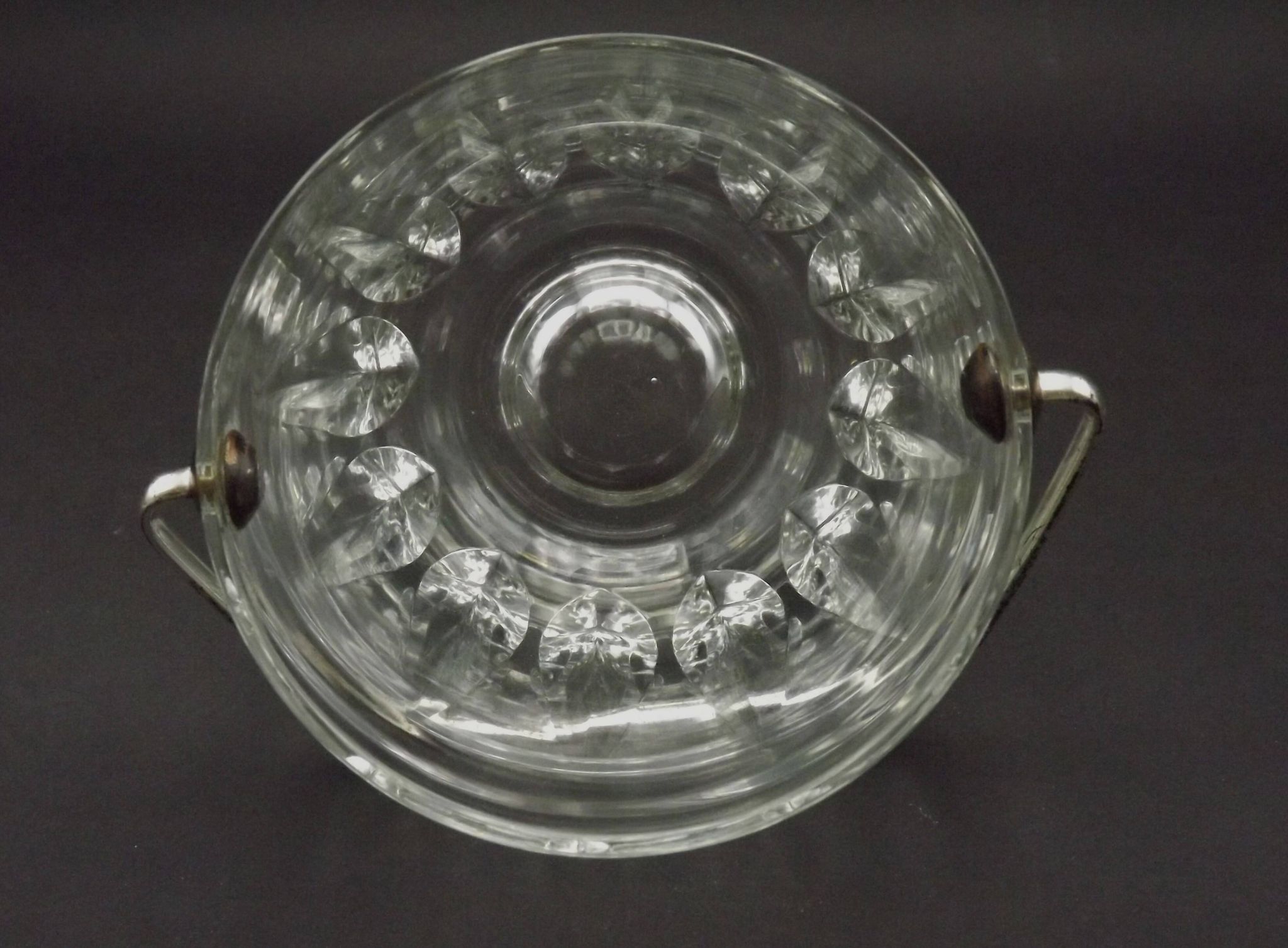Vintage French heavy cut glass ice bucket with silver metal carry handle 4504.