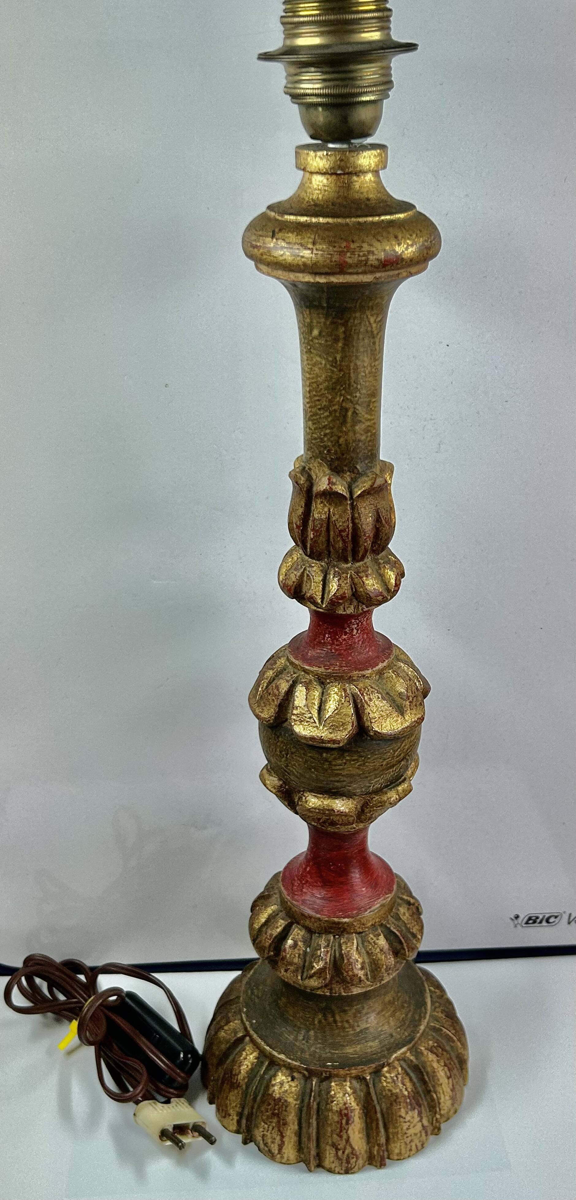 Large polychrome wooden lamp base 53.5 cm high from the socket.