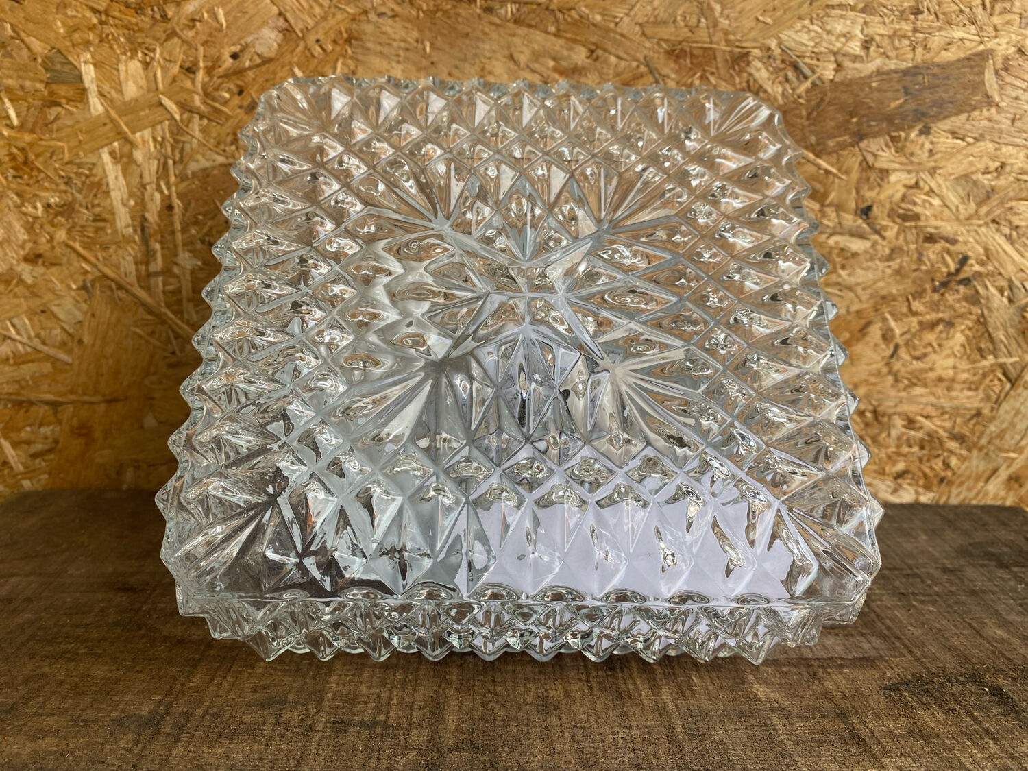 Square Ceiling Light Fixture, Vintage Moulded Glass + White Metal Support #