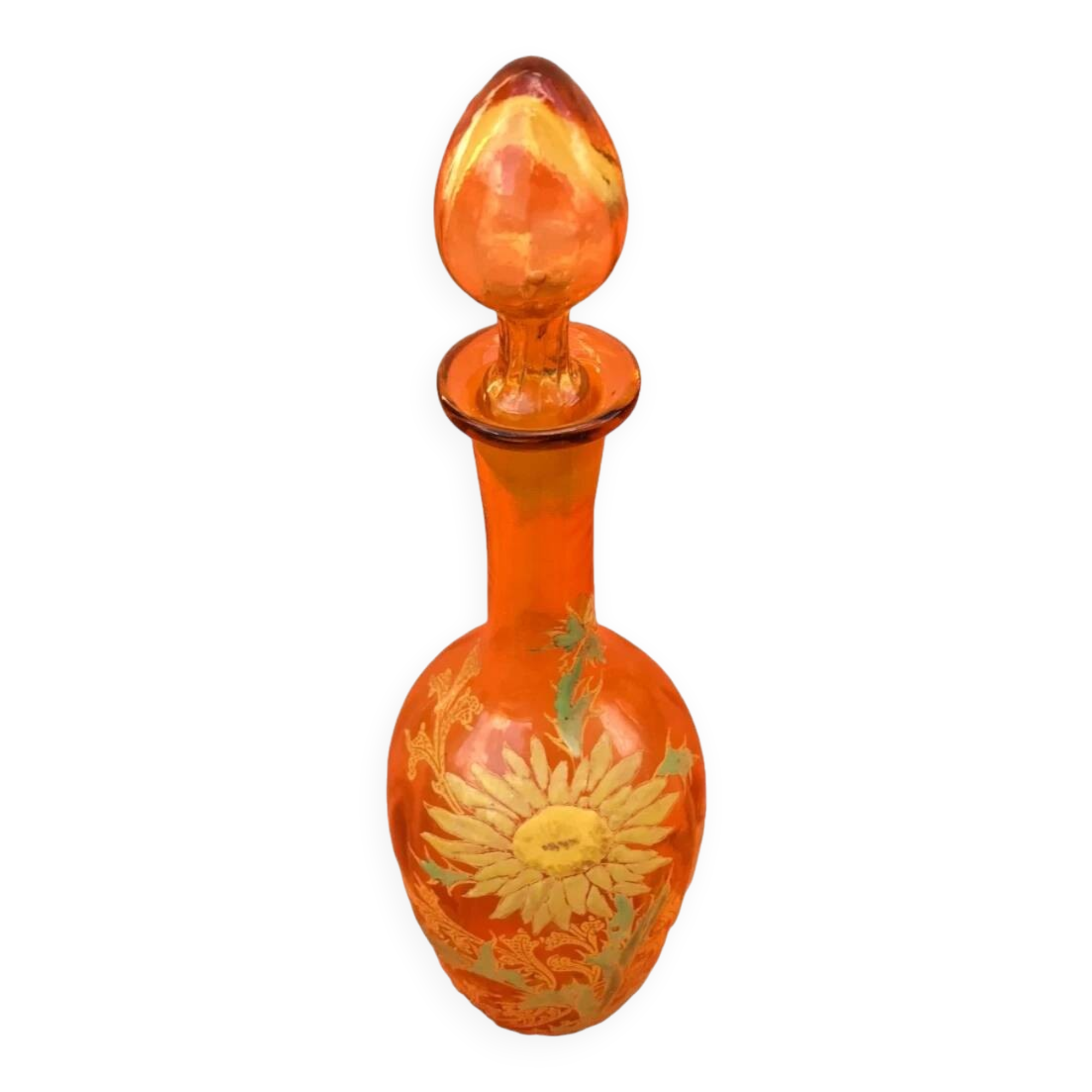 1900s Liqueur Decanter Blown and Enameled Amber Glass