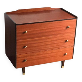 Vintage brown teak chest of drawers with black trim and gold knobs, 1960s.