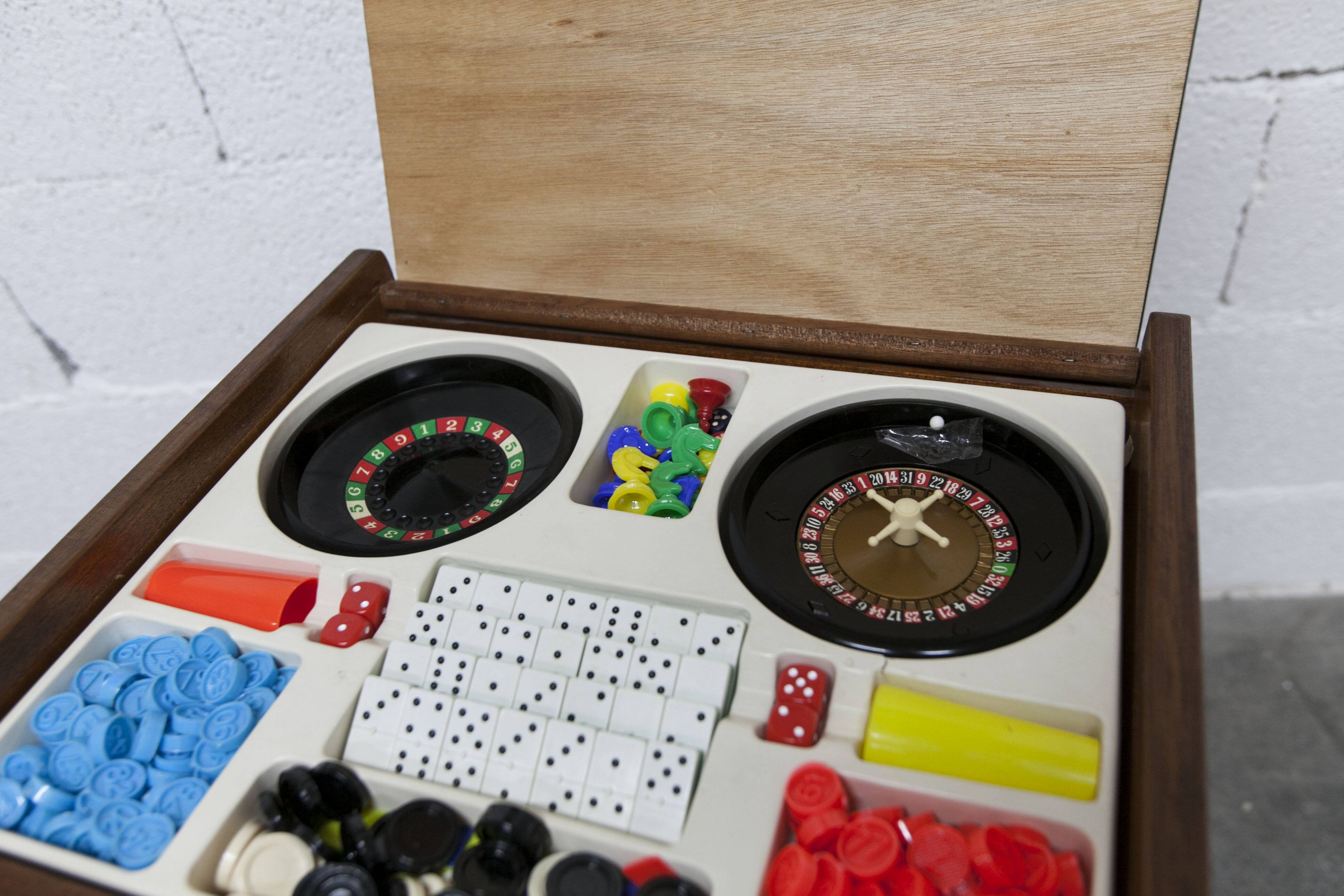 Unique 1960s bedside table with 15 complete games, compass legs, 1960s