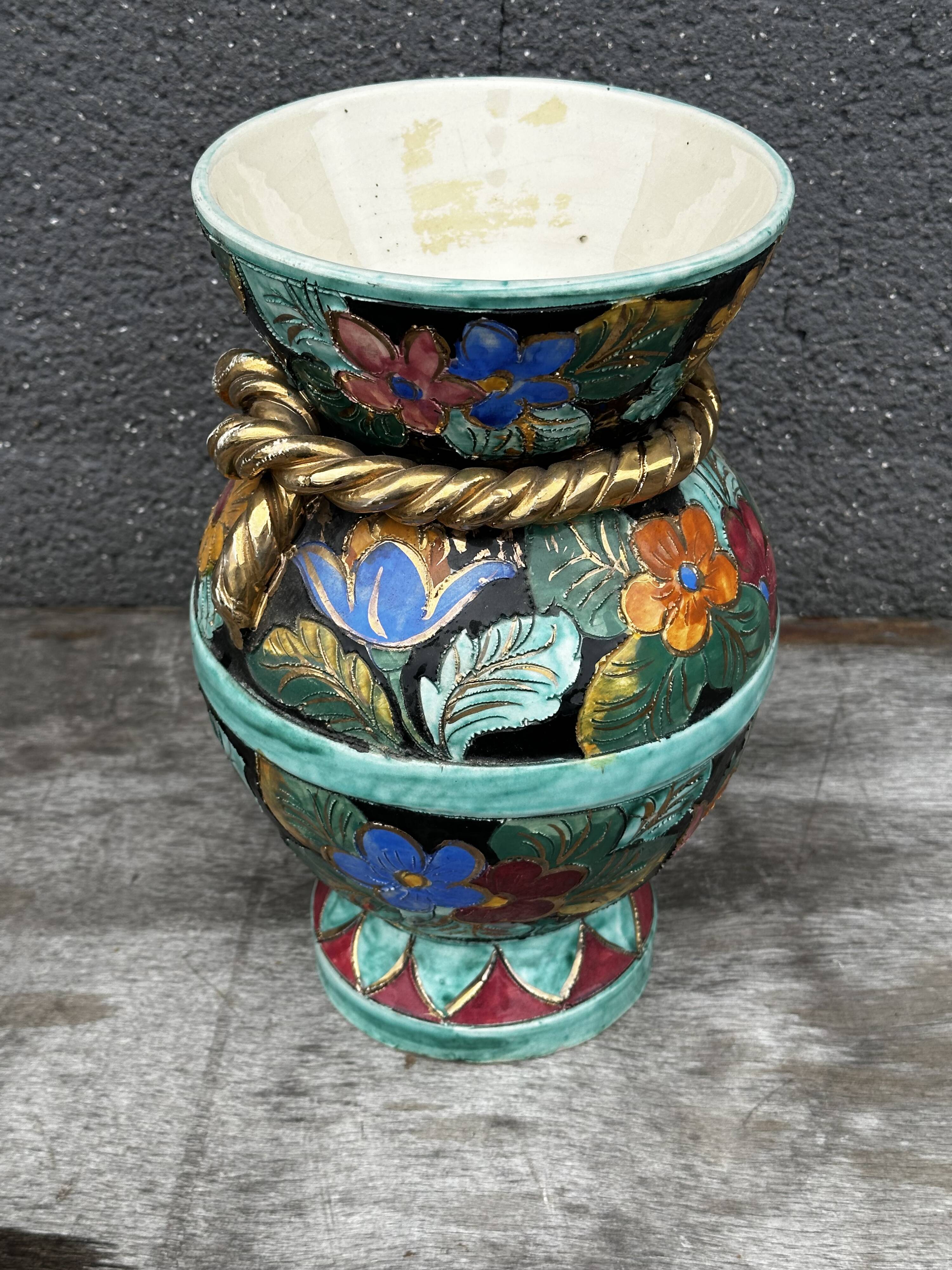 Vallauris vase signed JTF AC - Floral decoration - H 30 cm