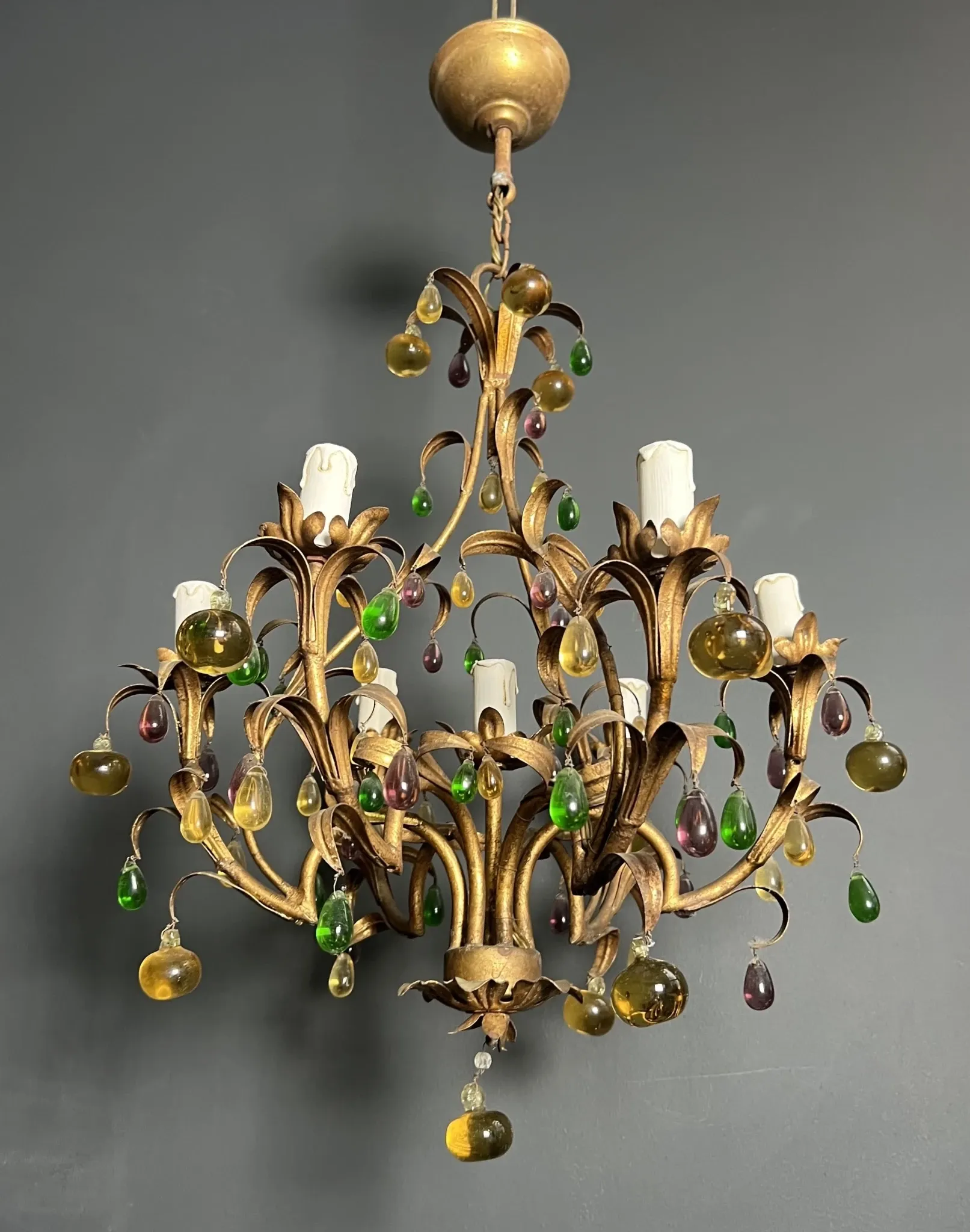 Golden Metal Cage with Leaf and Multi-Coloured Glass Fruit Decoration