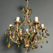 Golden Metal Cage with Leaf and Multi-Coloured Glass Fruit Decoration