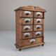 Cabinet à épices en bois rustique espagnol avec étiquettes en céramique, années 1930