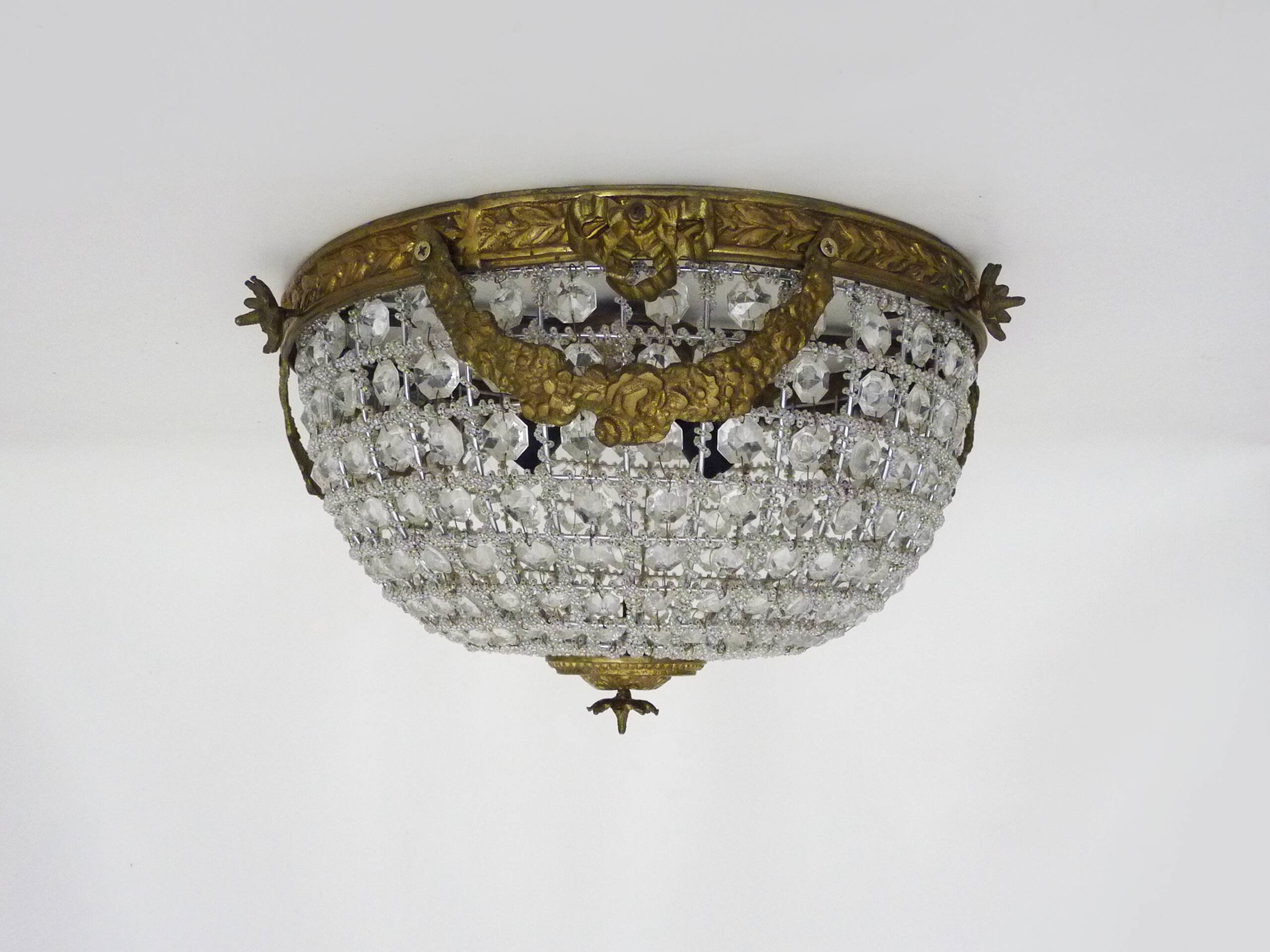 Half-basket ceiling light with 3 bronze lights and glass pendants. 1980s