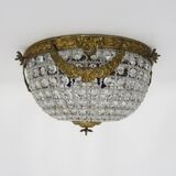 Half-basket ceiling light with 3 bronze lights and glass pendants. 1980s