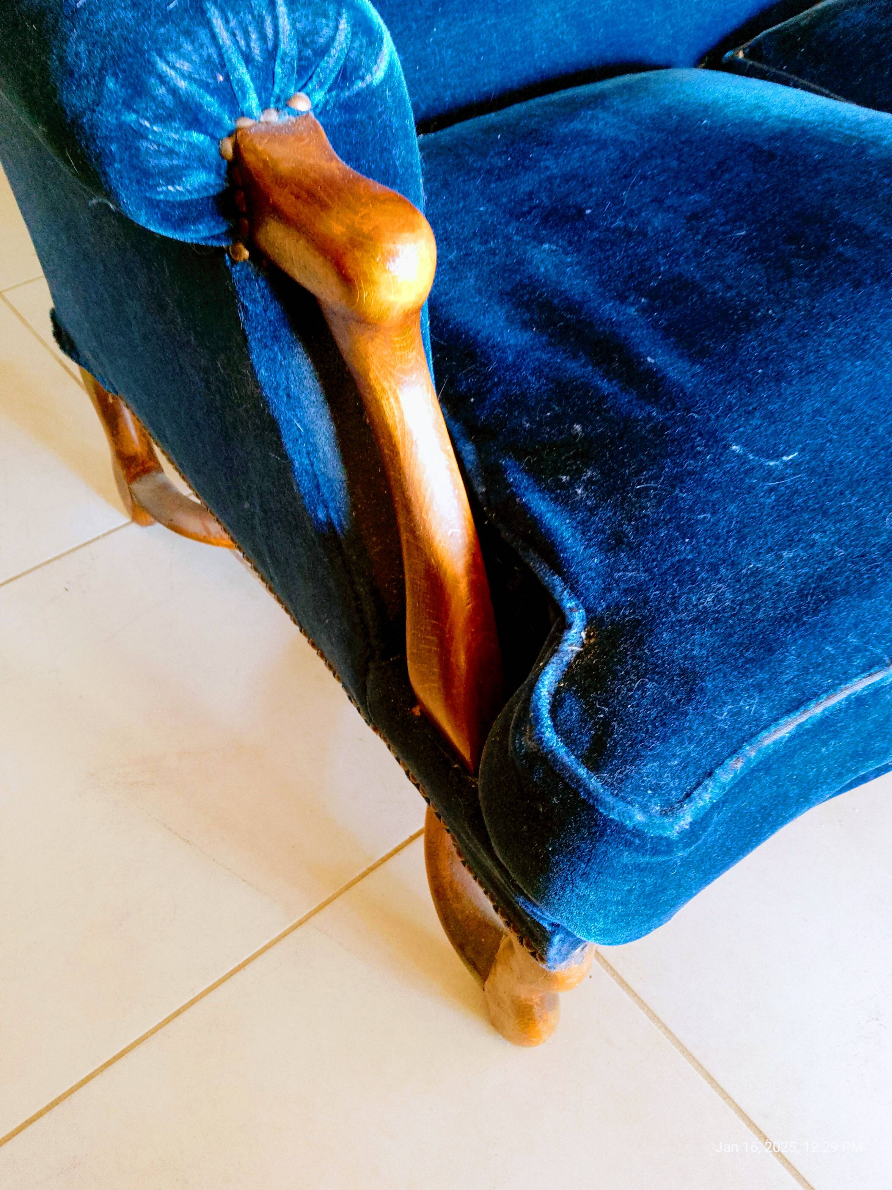 3 seater blue velvet sofa