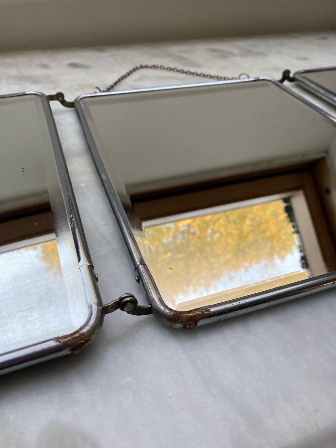 Vintage vertical beveled triptych barber mirror