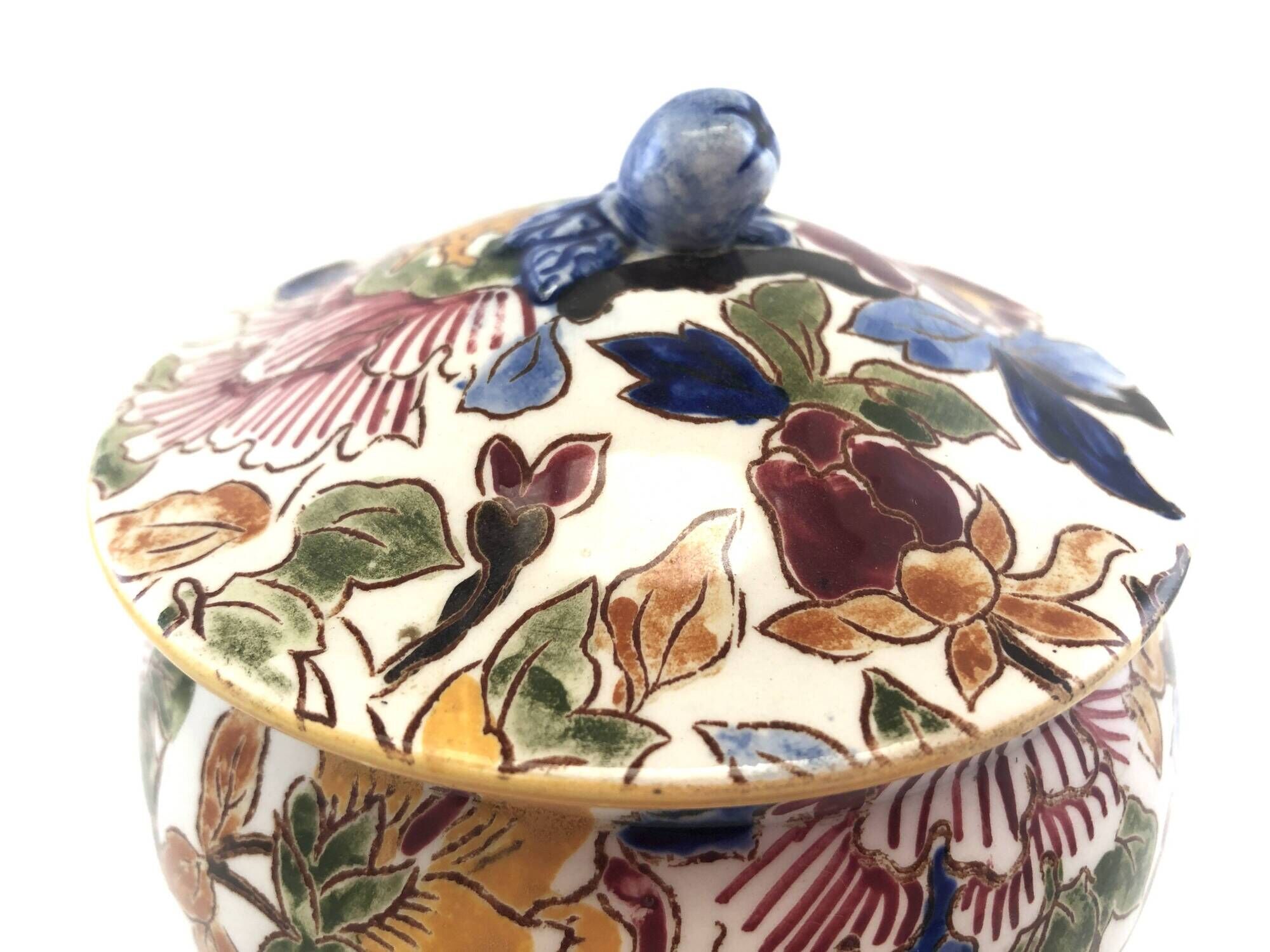 Old Sugar Bowl Candy Box Covered Earthenware Pot Gien Peonies