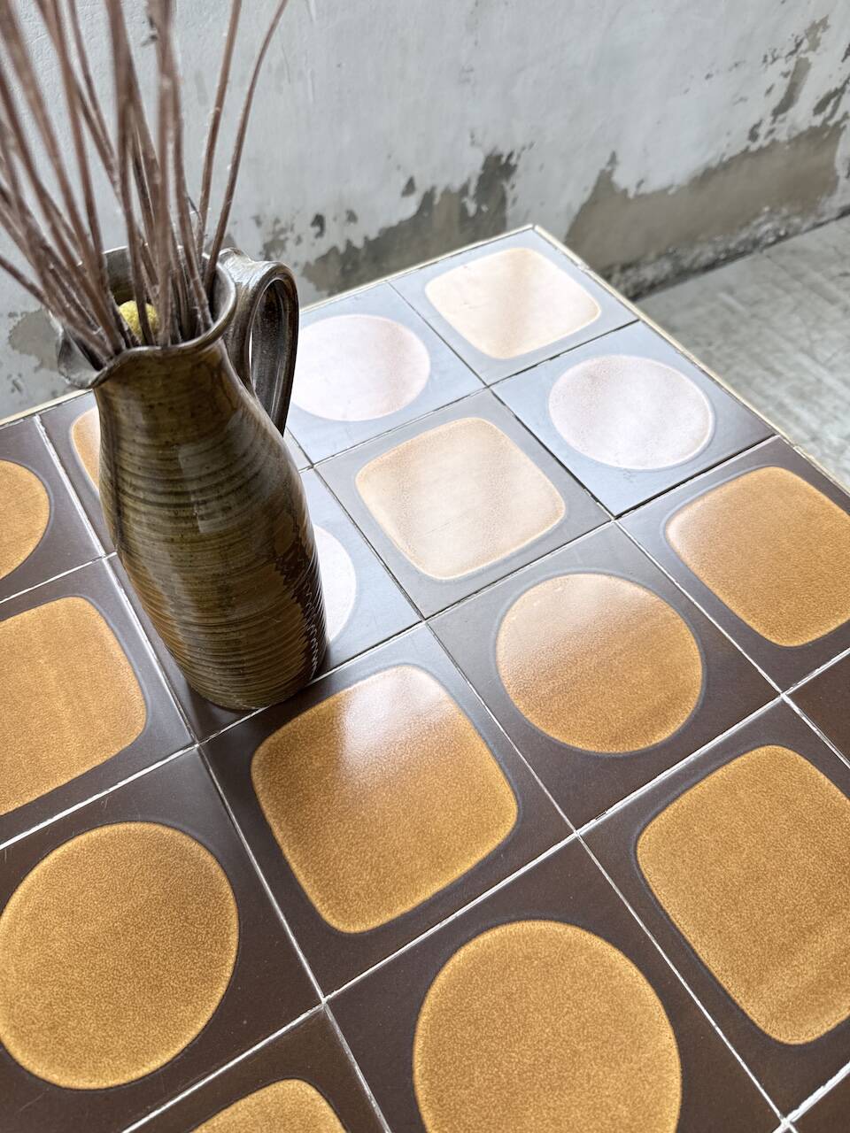 1950s rattan table with ceramic top