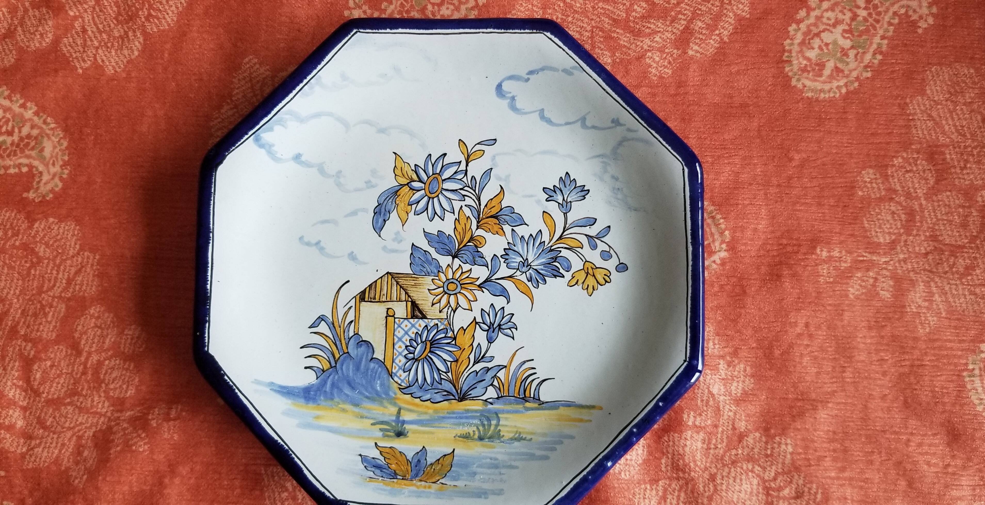 Octagonal earthenware platter from Nevers