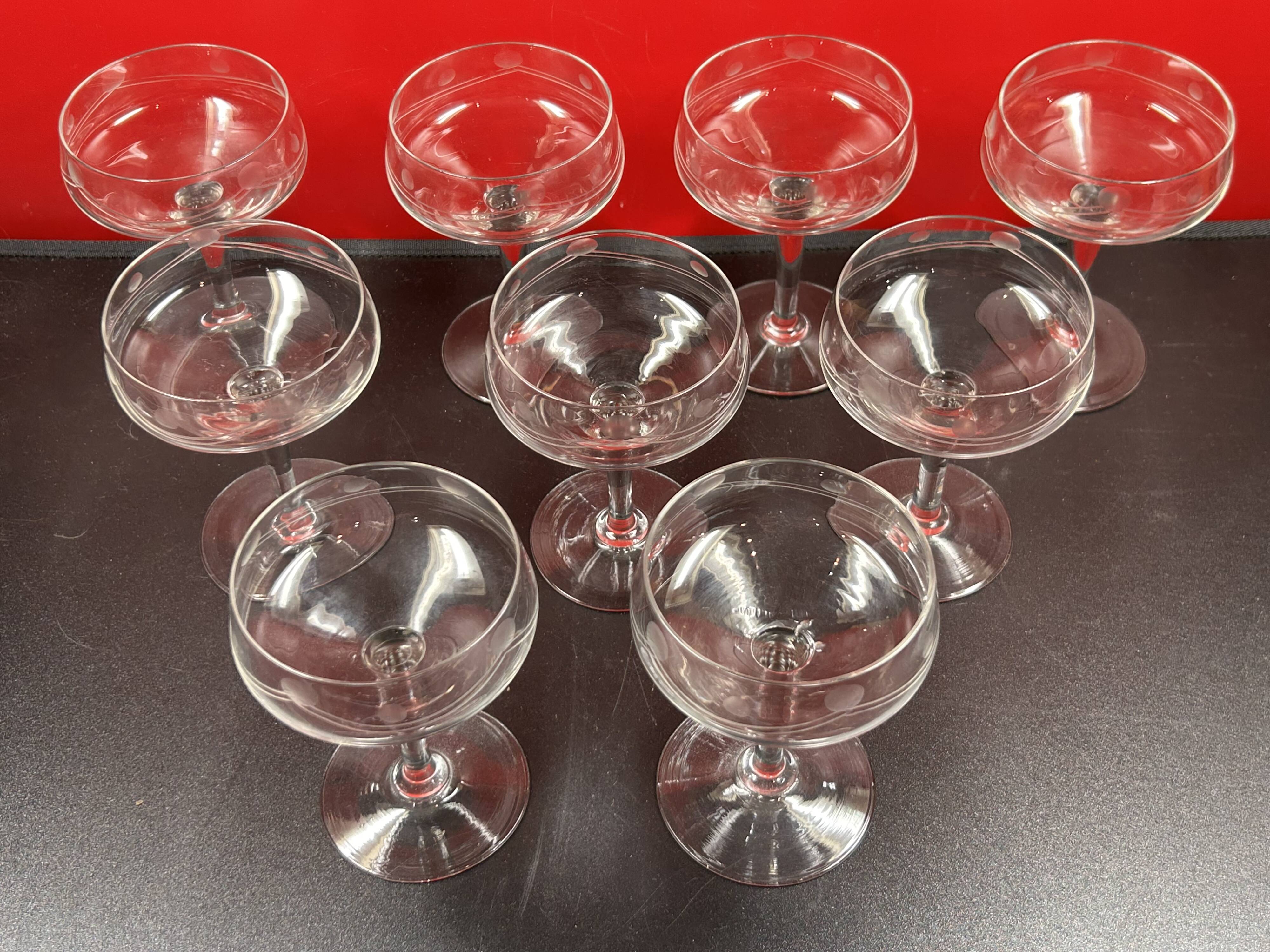 9 antique champagne glasses frosted engraved decor slender molded foot