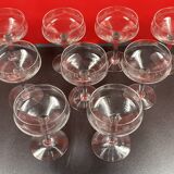 9 antique champagne glasses frosted engraved decor slender molded foot