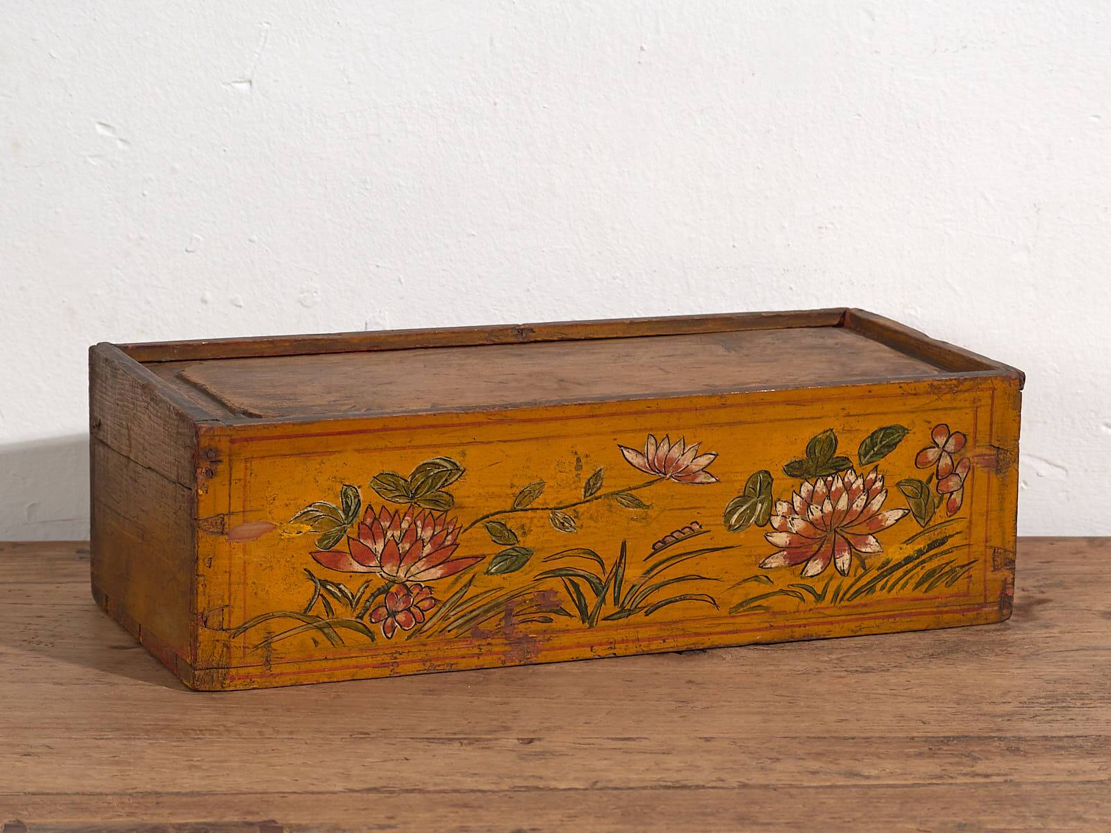 Antique Asian ochre-colored box with lotus flowers (c.1900) #1