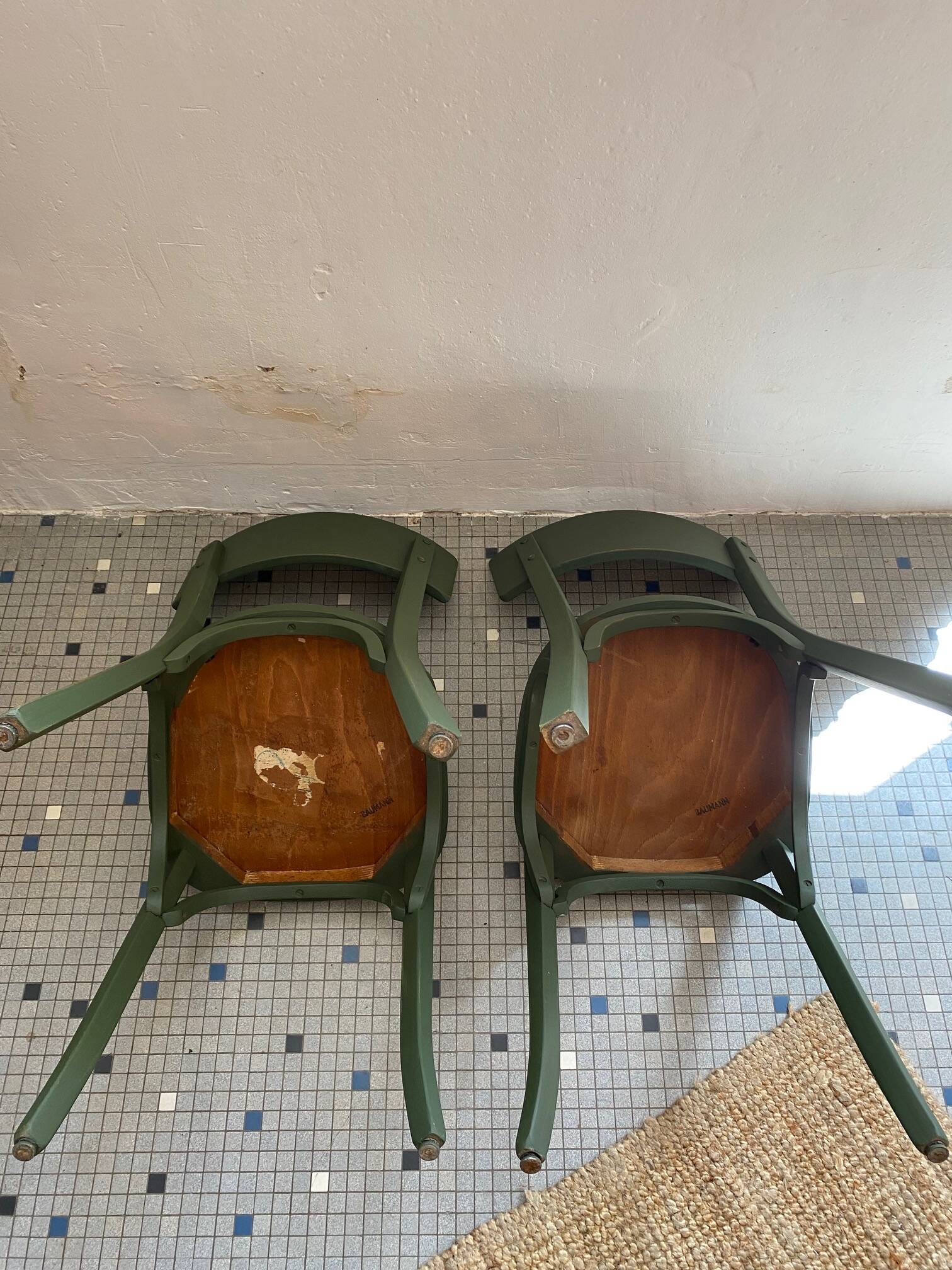 Pair of Baumann bottle green bistro chairs