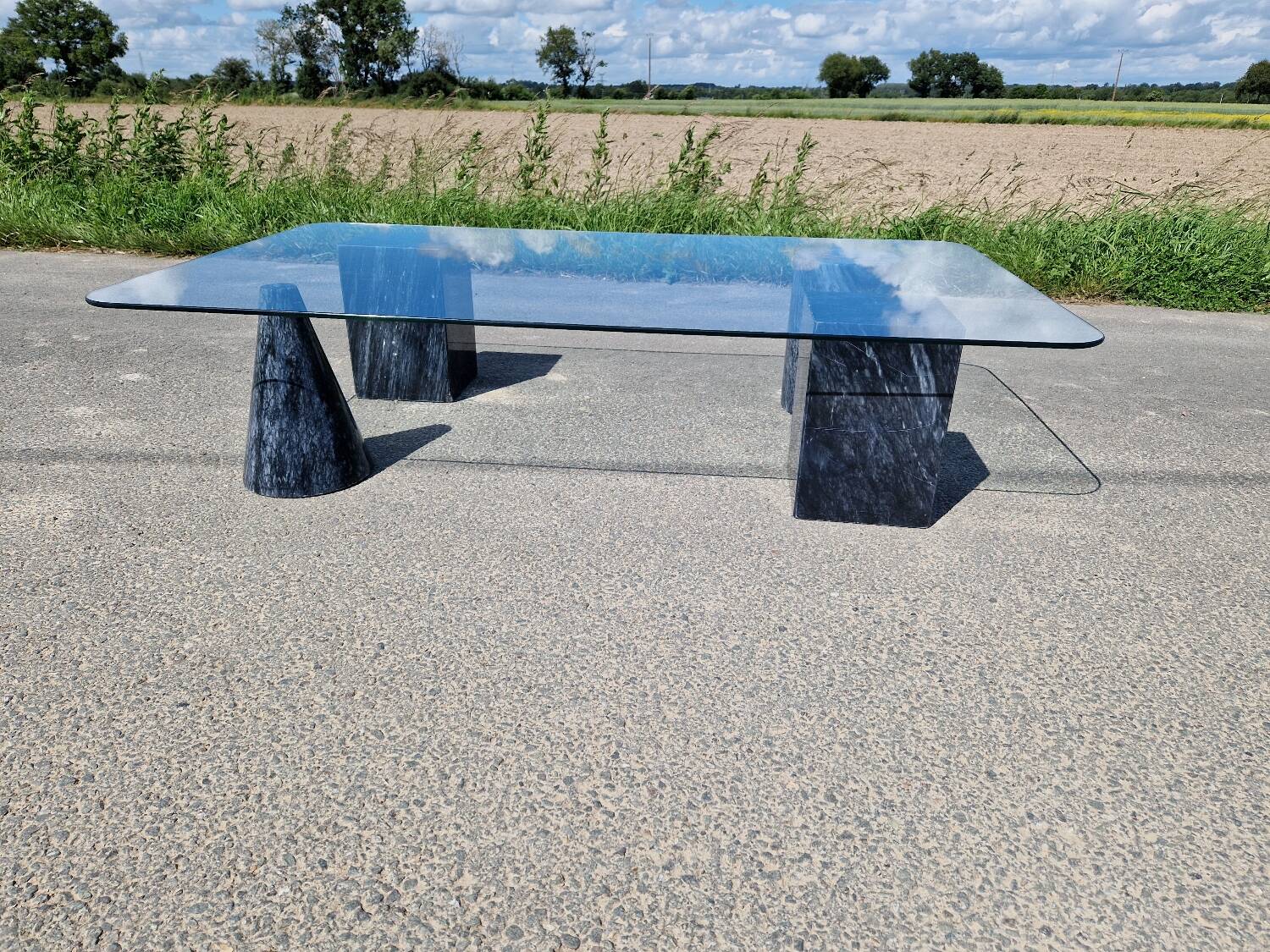 Vintage sculptural marble and glass coffee table from the 80s