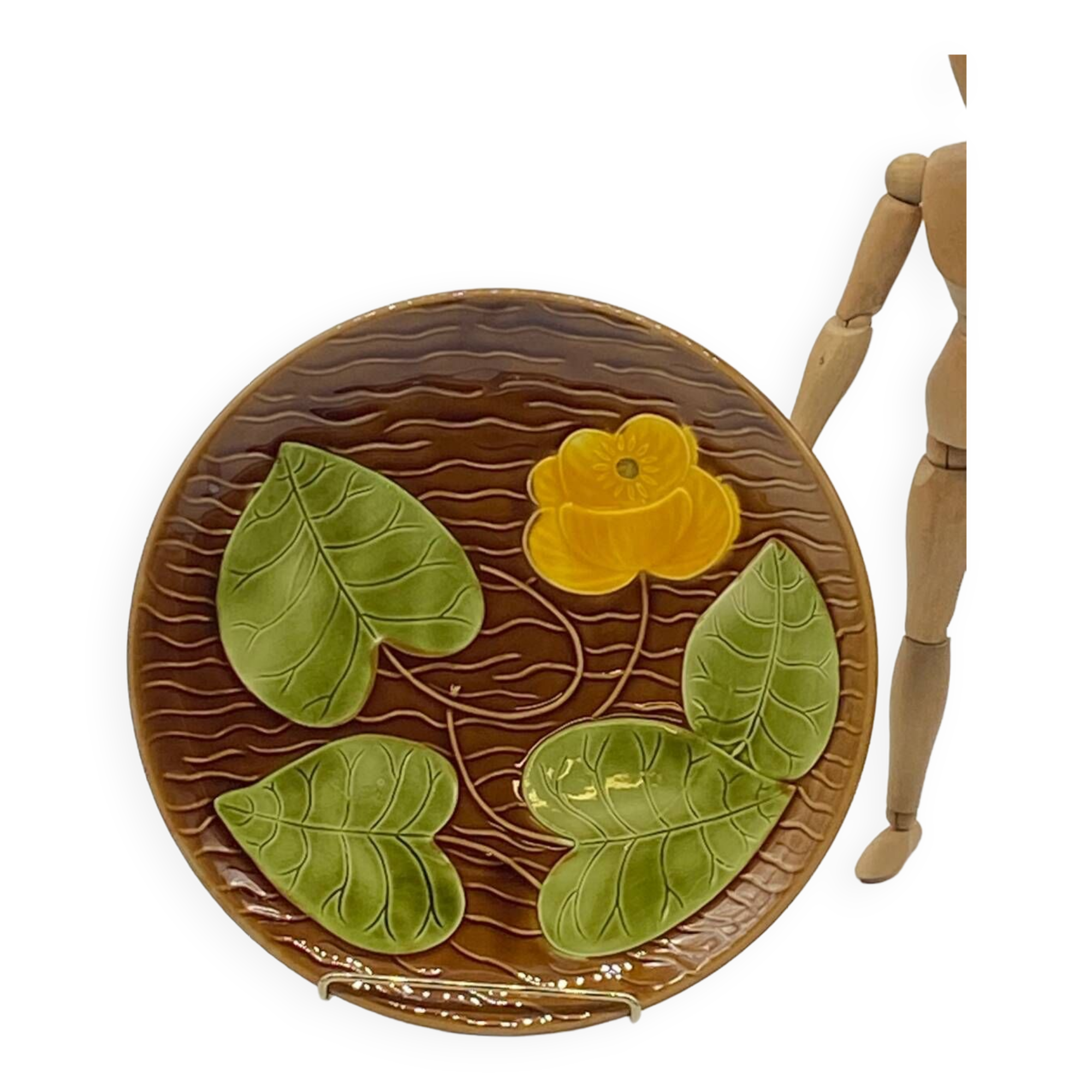 Ceramic dish, Sarreguemines France vintage, yellow flower