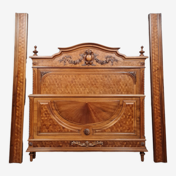 Louis XVI style center bed in precious wood marquetry with geometric decorations circa 1880