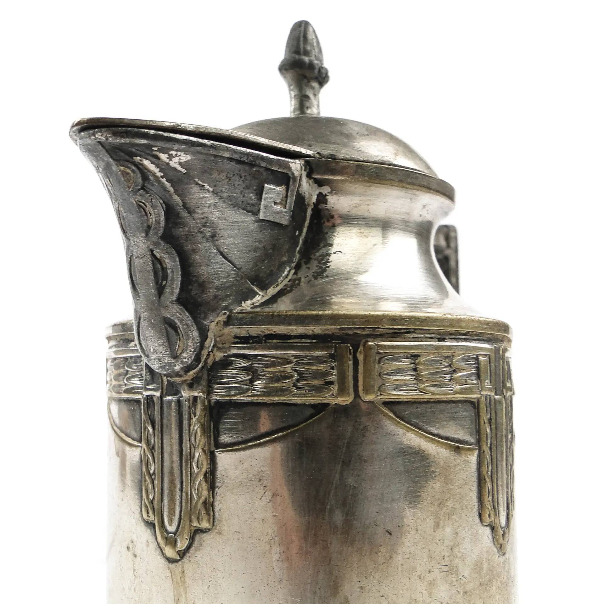 Art Nouveau oil jug, silver-plated brass, pewter, Germany, early 20th century