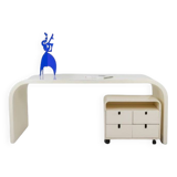 Desk and its cardboard box in white lacquered plywood. 1970s.