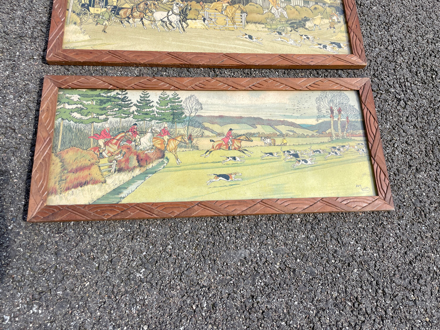 Lot 4 antique prints 1930 art deco signed Harry Eliott hunting scenes