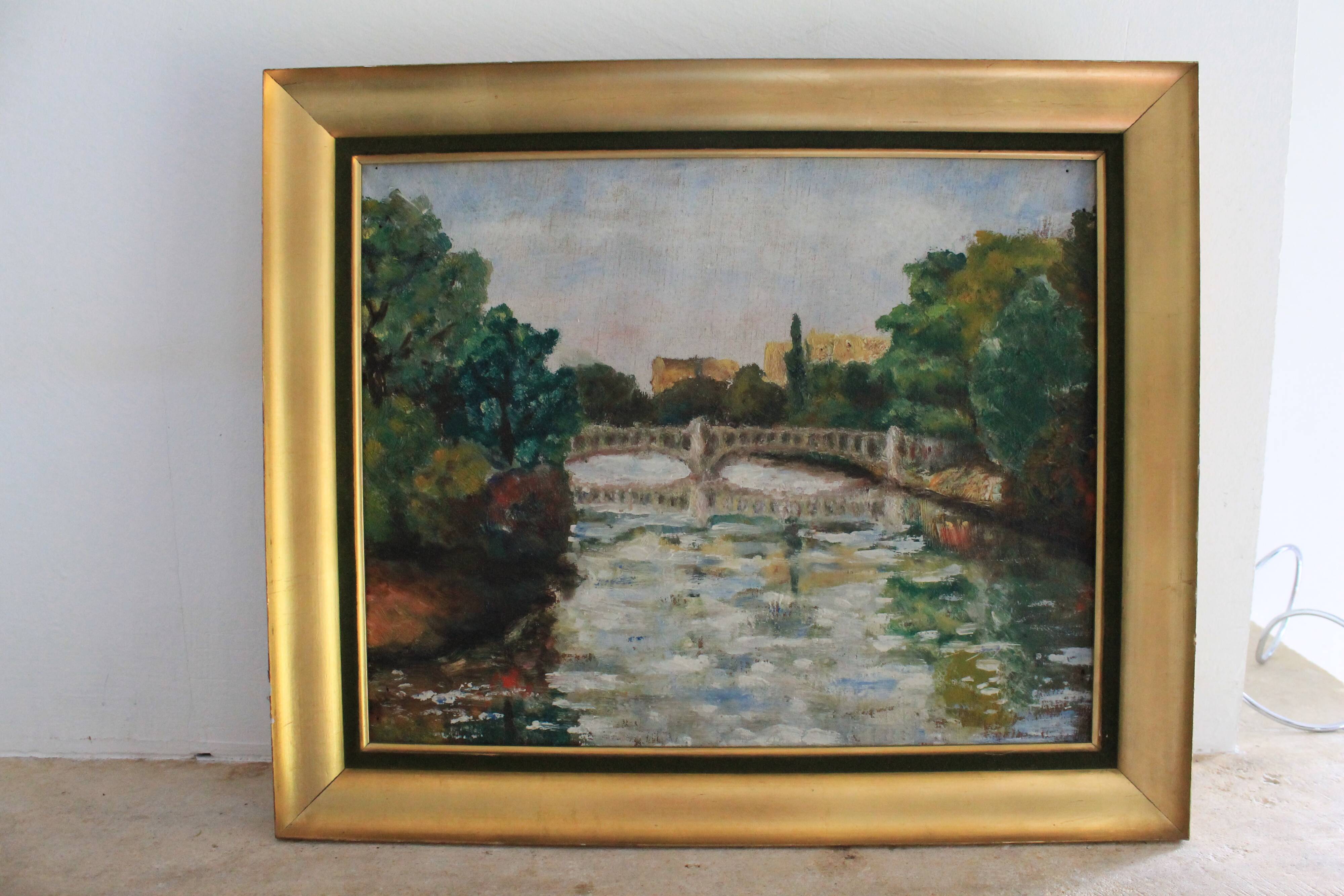 Oil on canvas "Landscape with Bridge" early 20th century