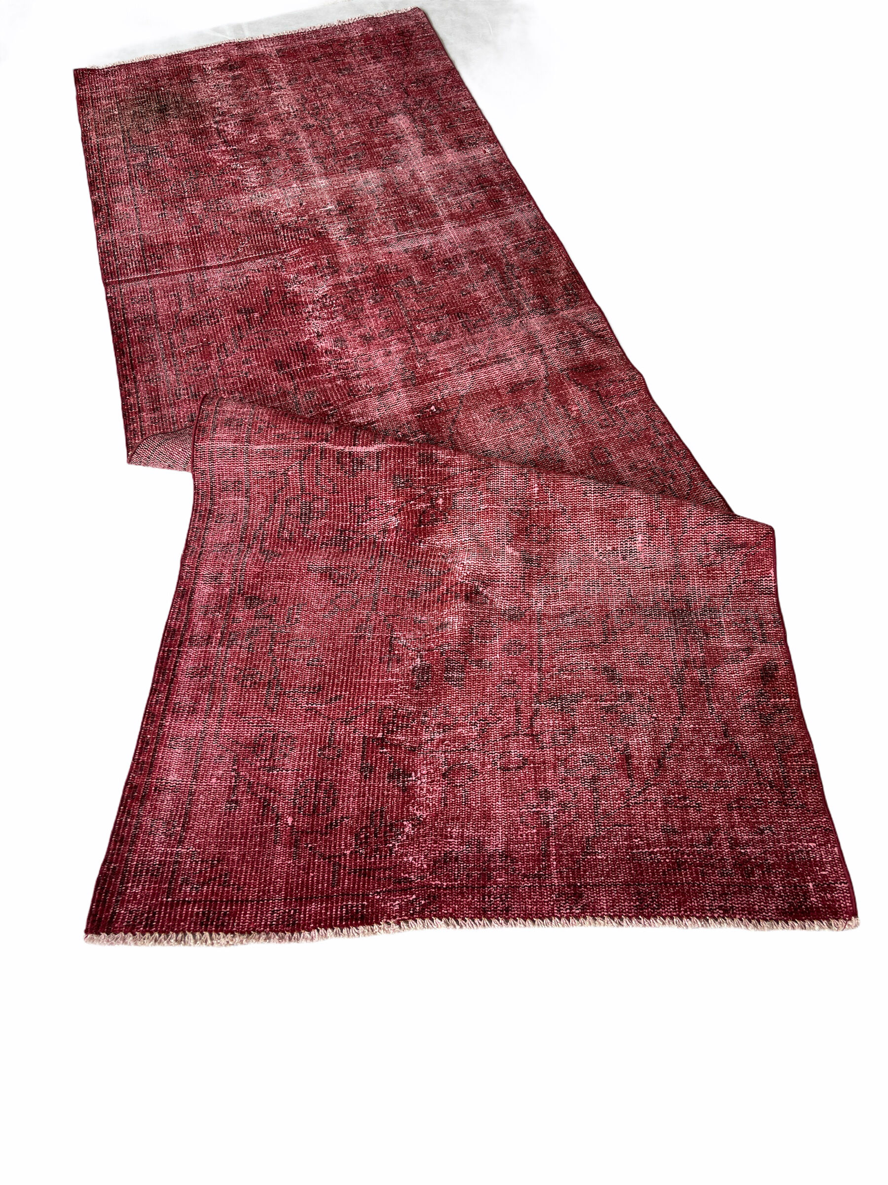 Distressed Turkish Narrow Runner 270 x 100 cm Wool Vintage rug, Over-dyed Red
