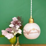 Vintage globe pendant light in white opaline with gold designs