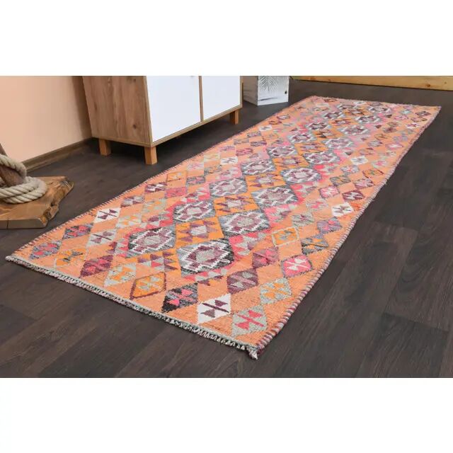 Vintage Turkish Oushak Handmade Wool Cotton Orange Runner Rug 98x282