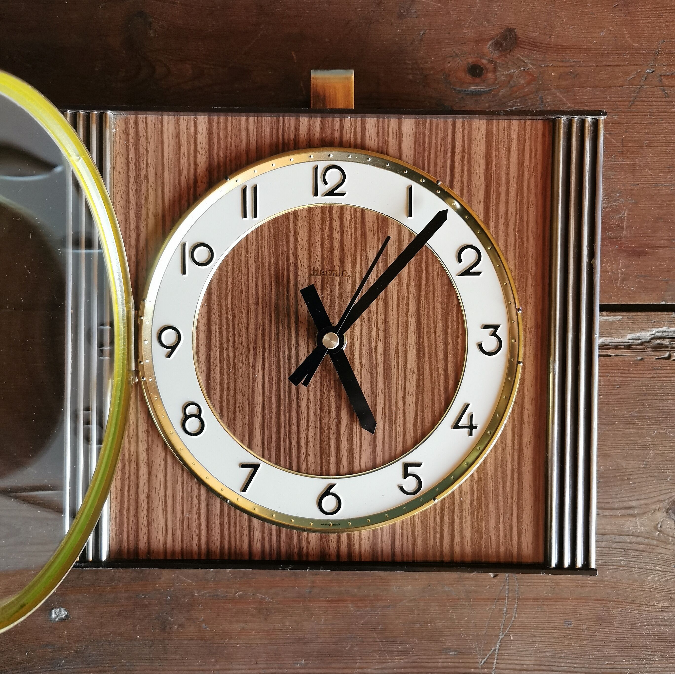 Vintage formica clock rectangular silent wall clock "Hermle gilded wood"