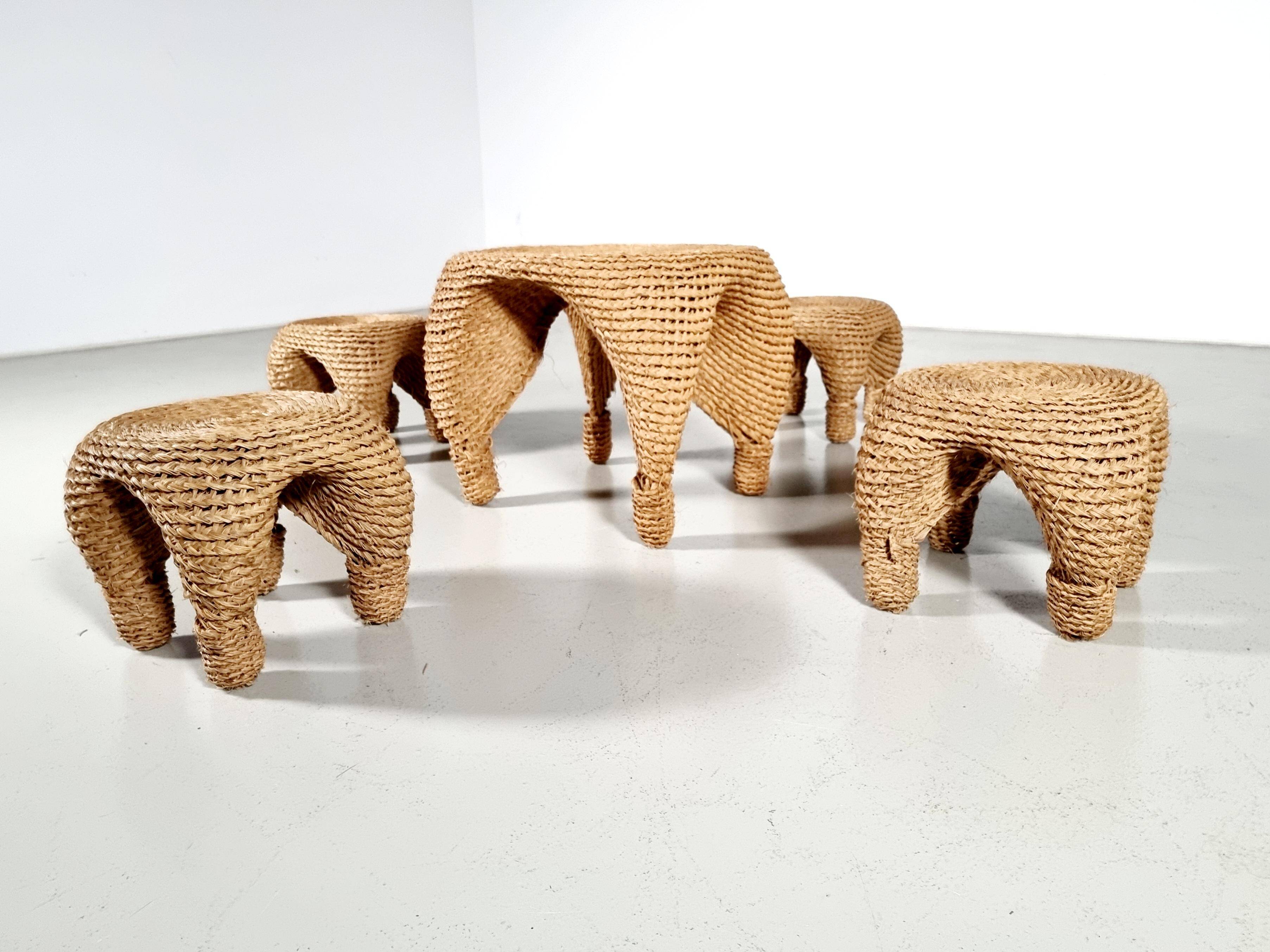 Wicker and pine needle table and stools, France, 1980s