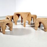 Wicker and pine needle table and stools, France, 1980s