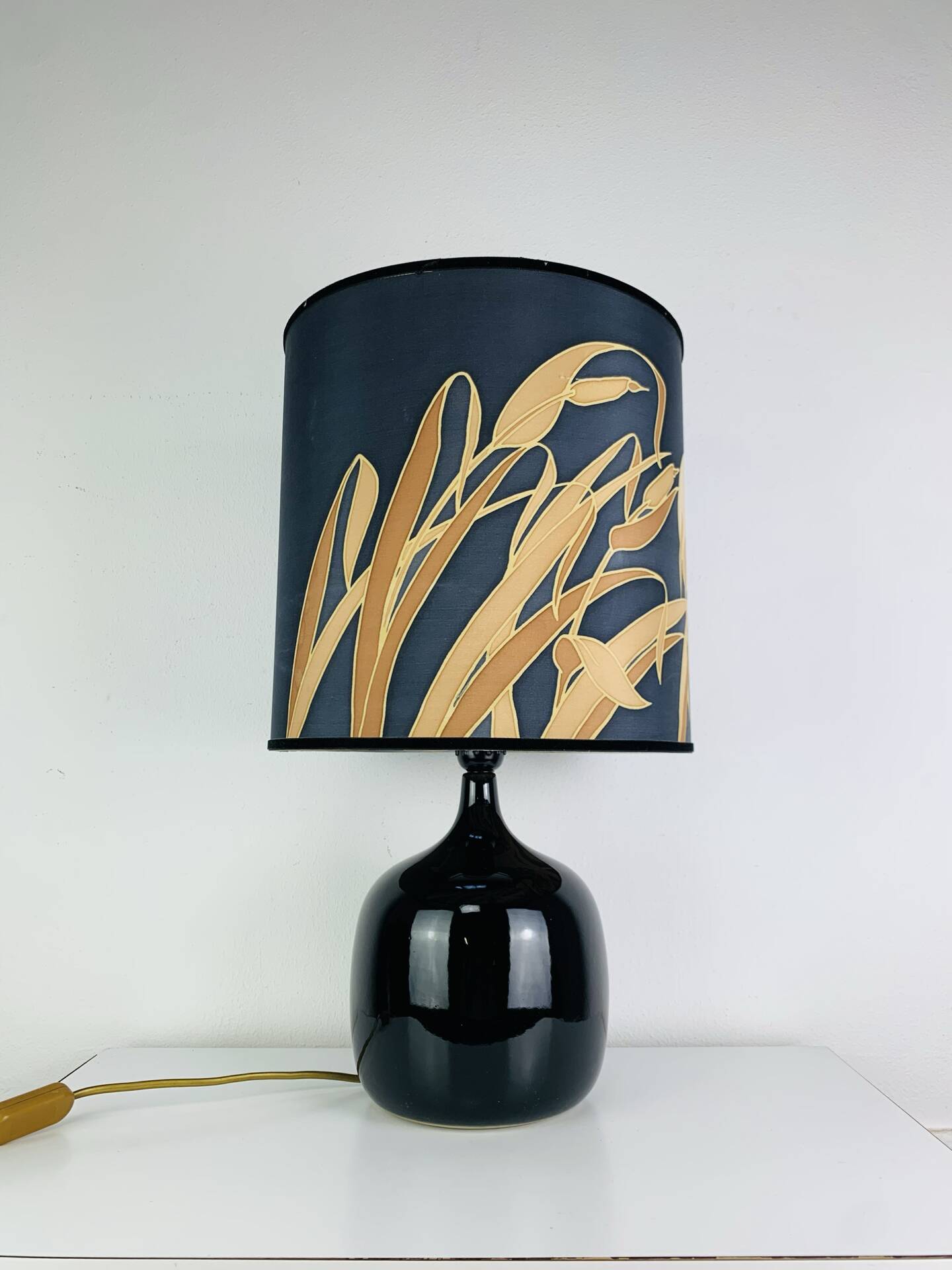 "Fig" lamp, black ceramic and silk shade, 1960s.